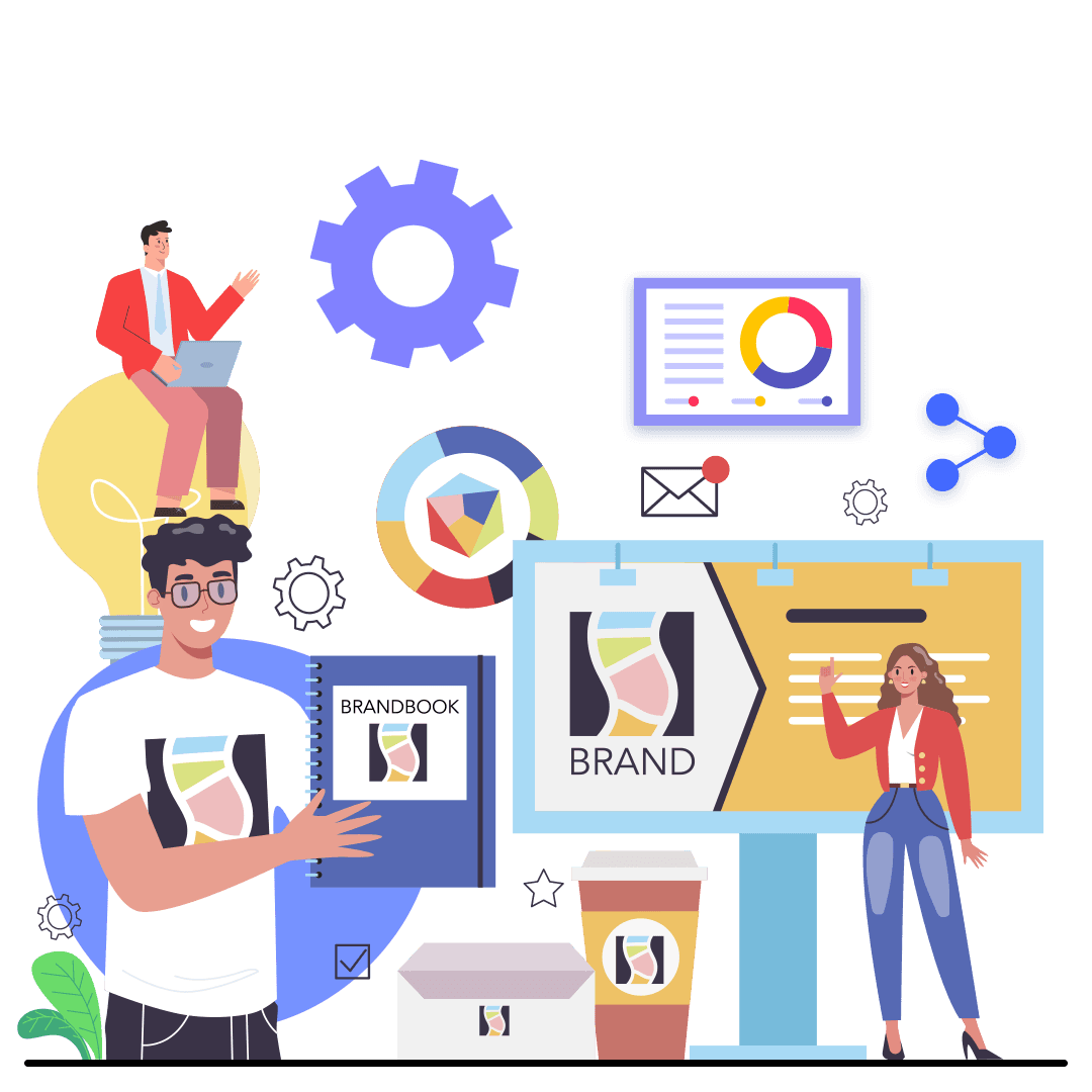 Professional brand identity and digital marketing strategy illustration showing content creation, online branding, website optimization, and audience engagement.  ?? What Our Brand Identity Design Services Includes Services