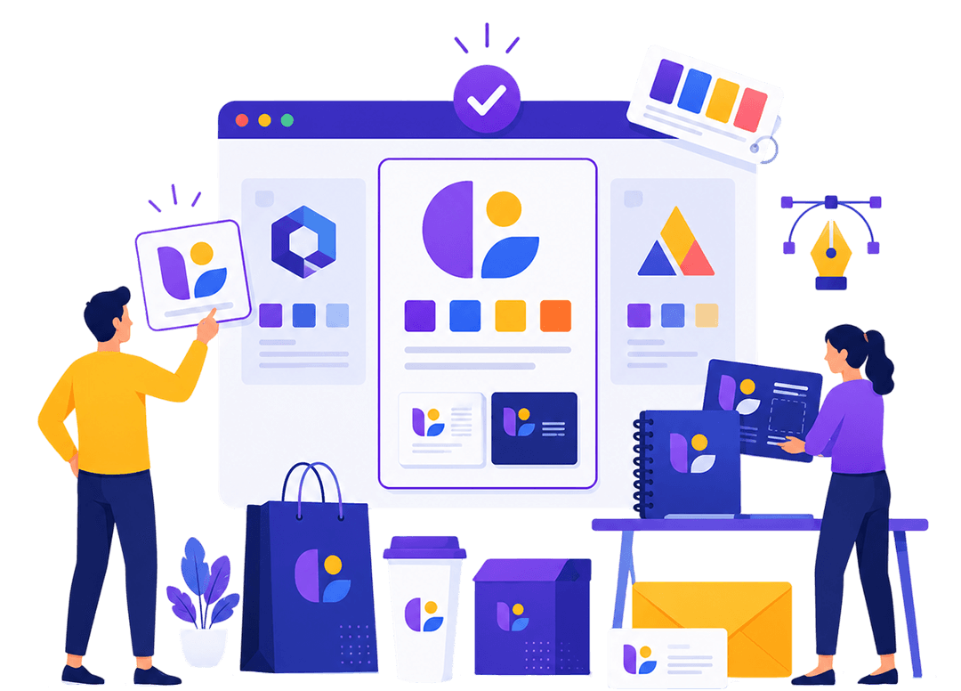 Creative team developing a consistent brand identity system with logo design, color palette selection, brand guidelines, and visual branding assets. 